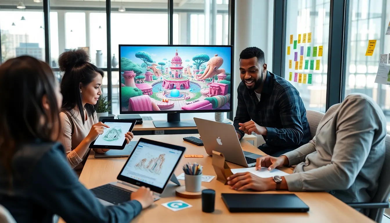 professionals collaborating on game design in a modern office.