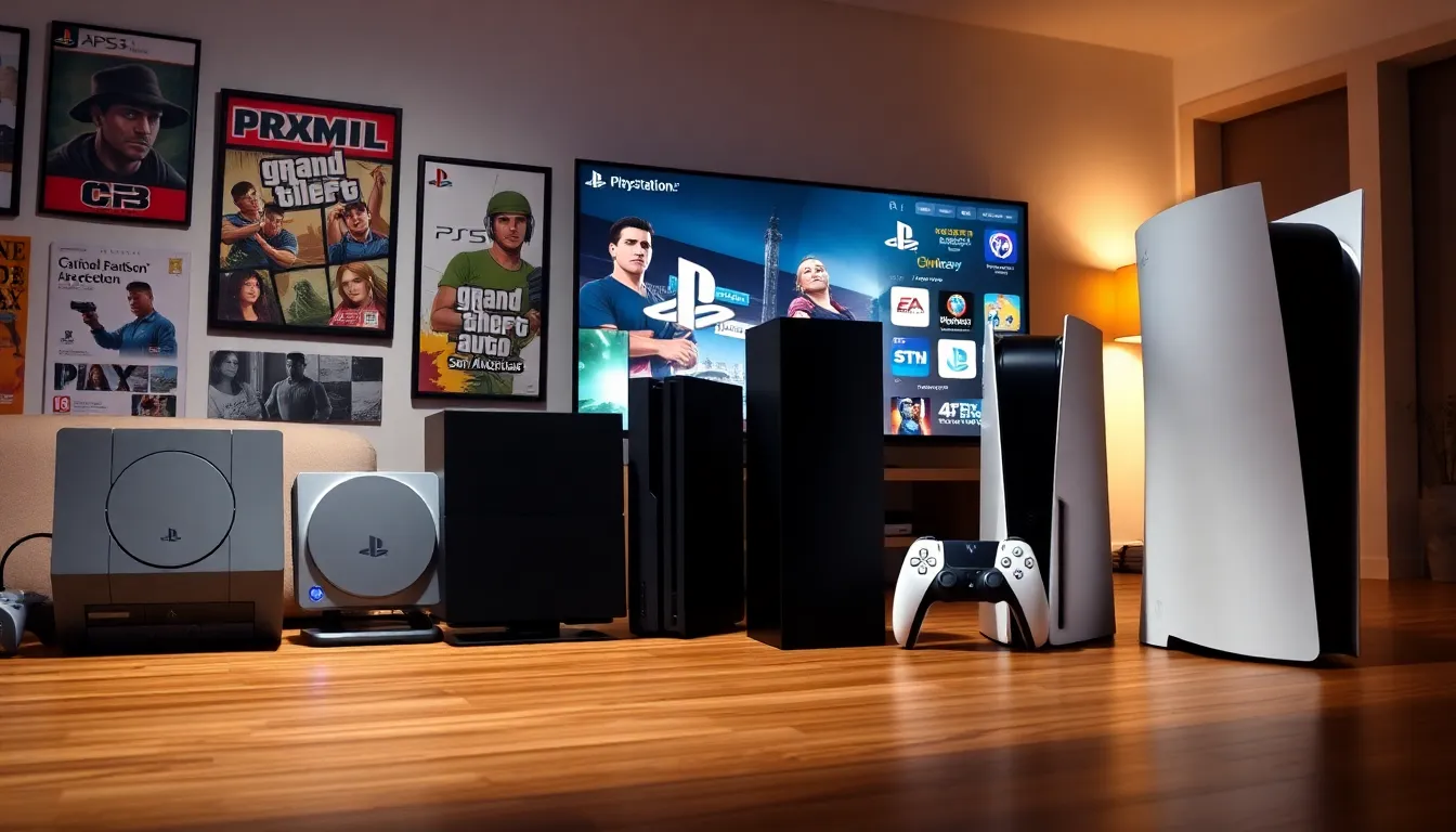 An evolution display of PlayStation consoles from original to PS5.