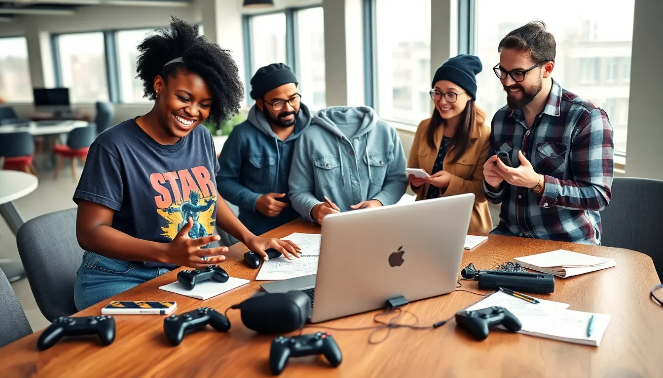 diverse group of gamers collaborating in a modern workspace.