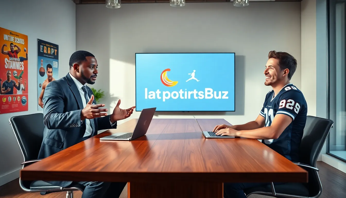 A diverse team discussing sports in a modern office setting.