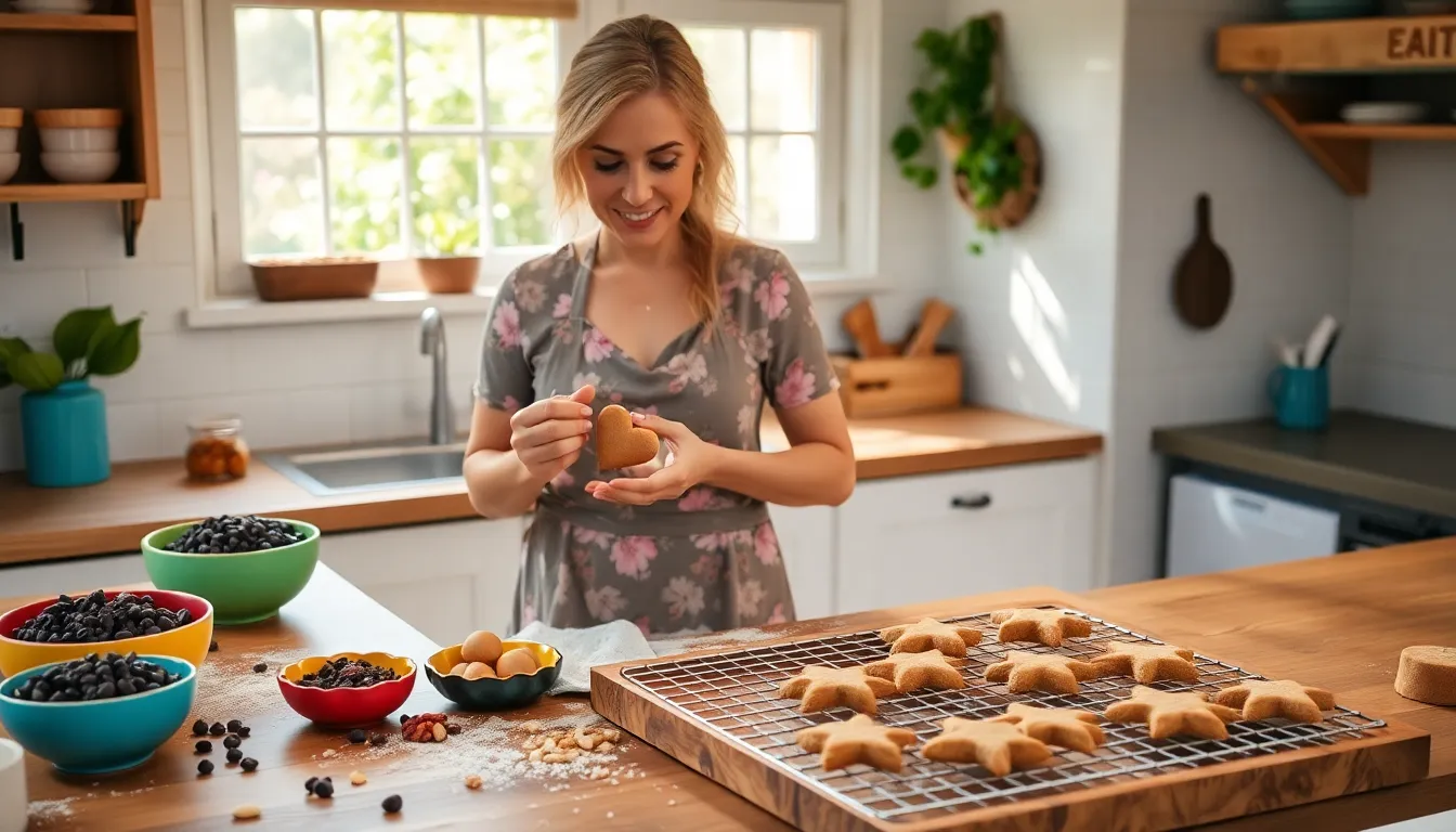 a baker shaping cookie dough in a cozy, sunlit kitchen.