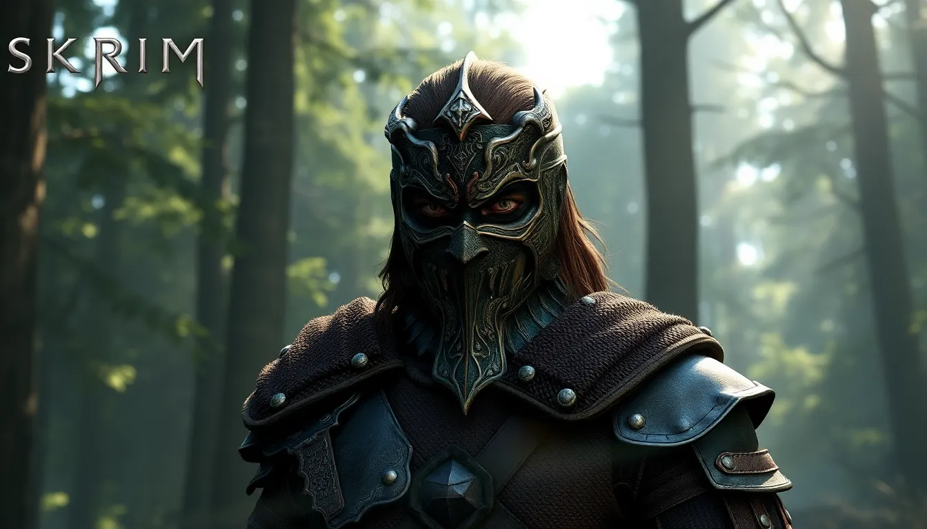 Skyrim character wearing an elaborate face mask in a forest setting.