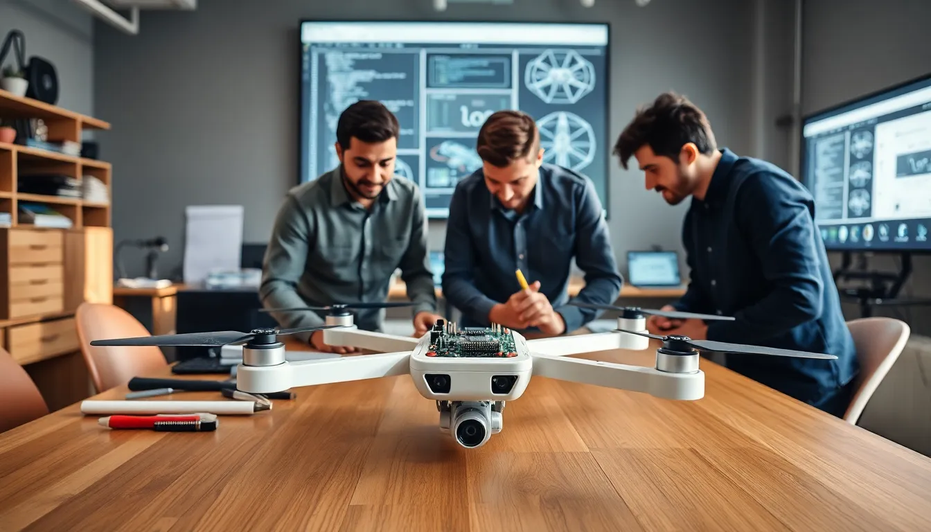 engineers collaborating on a Raspberry Pi Zero drone project in a modern office.