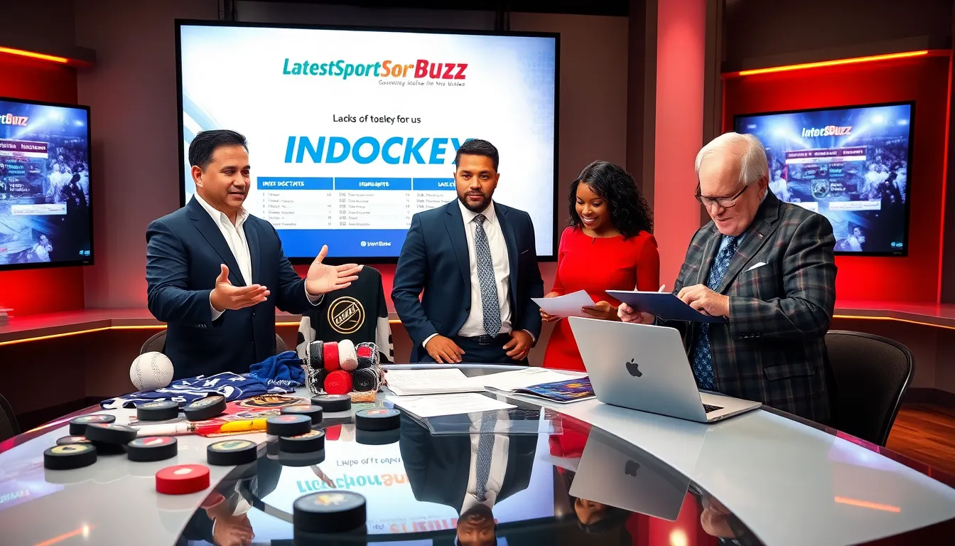 three sports analysts discussing hockey in a vibrant newsroom setting.
