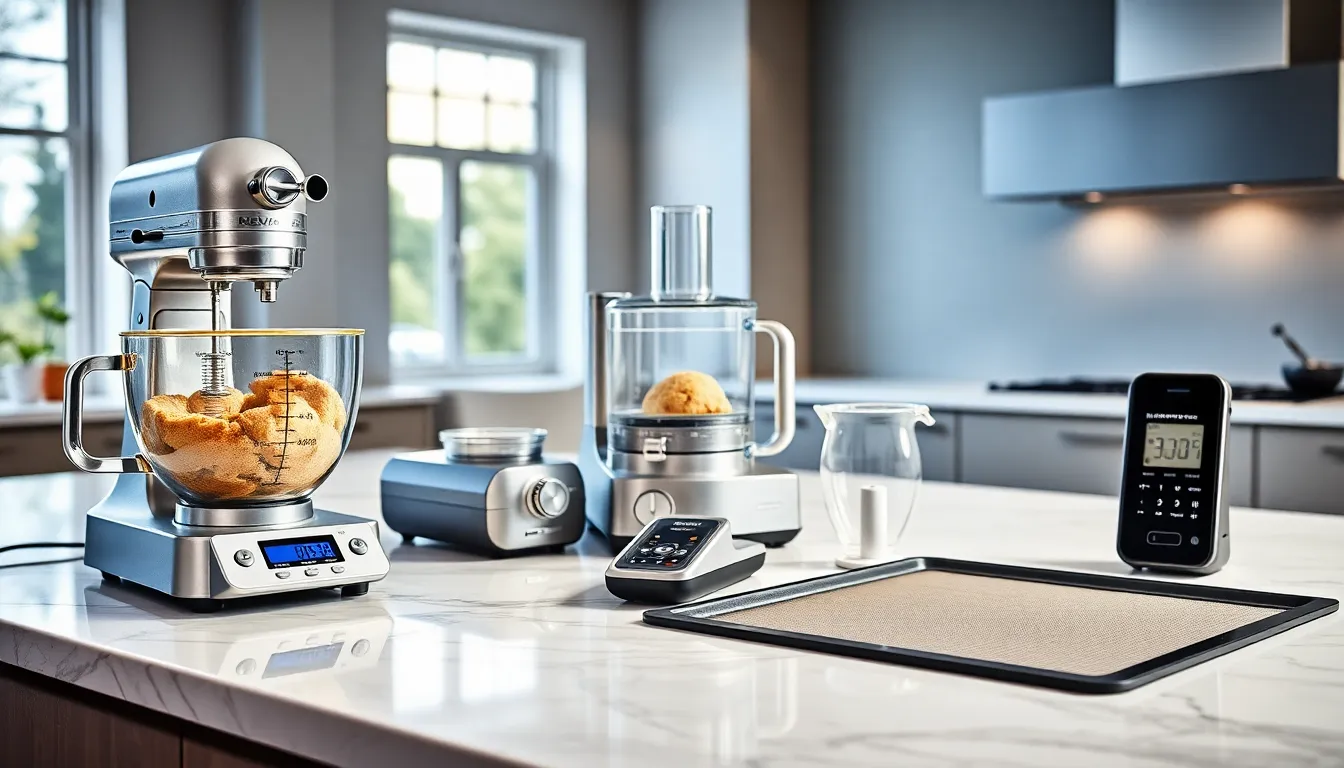 modern kitchen with essential baking tools organized on counter.