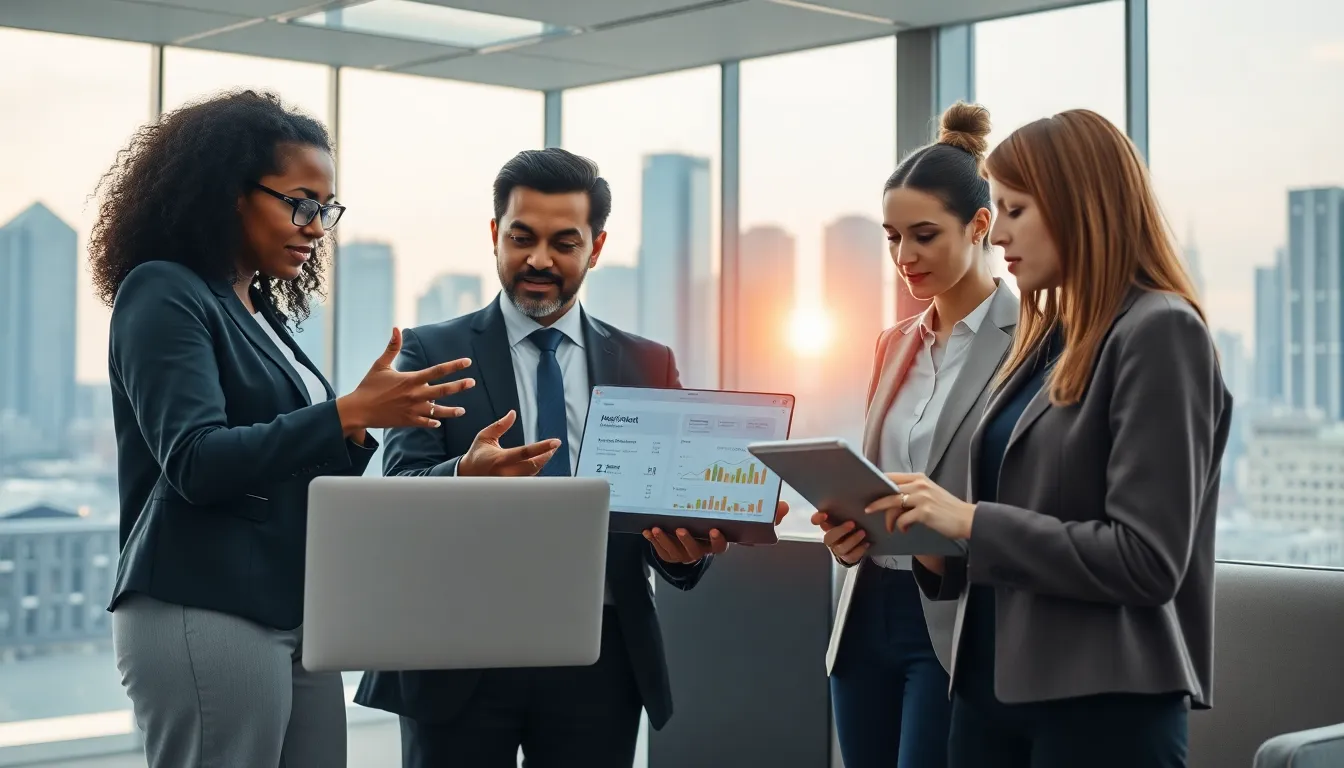 a diverse team discussing real estate technology in a modern office.