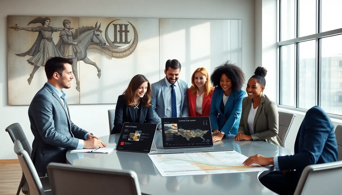 diverse team discussing Crusader Kings II strategies in a modern office.