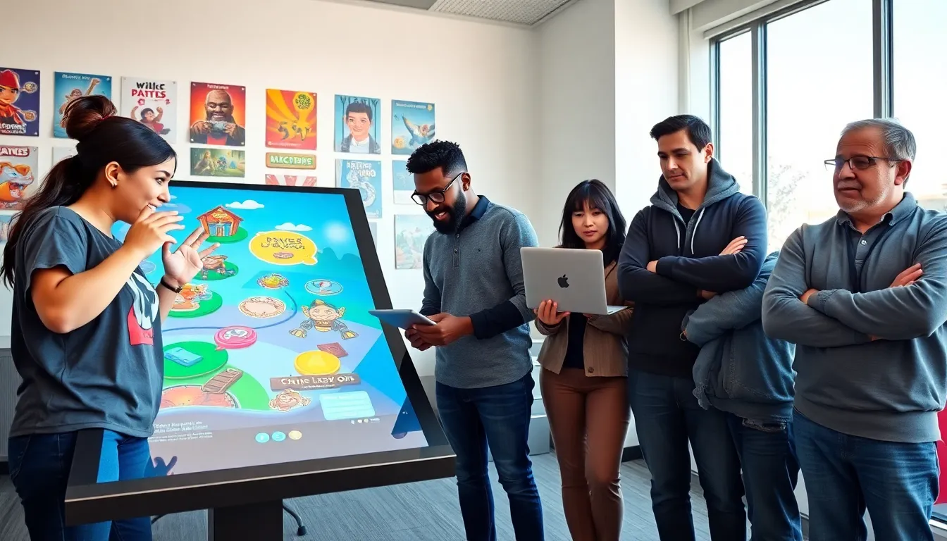 game developers brainstorming around a touch screen in a modern office.