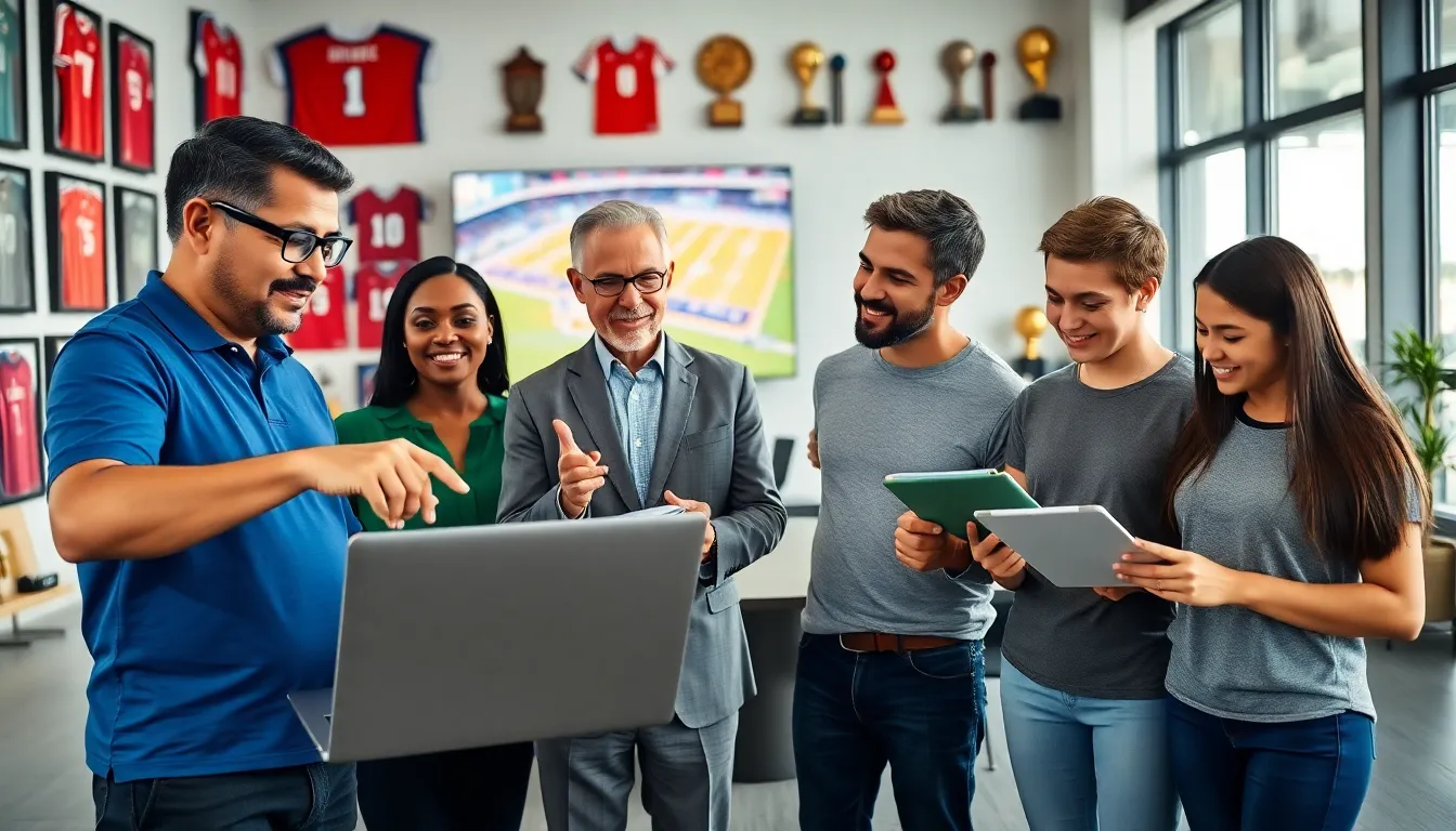 sports analysts discussing updates in a vibrant office filled with memorabilia.