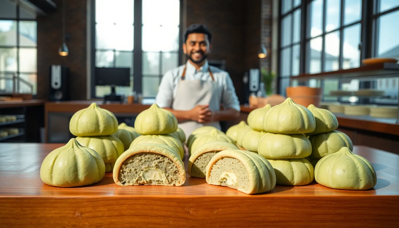 assorted green mochi cookies displayed in a modern bakery.