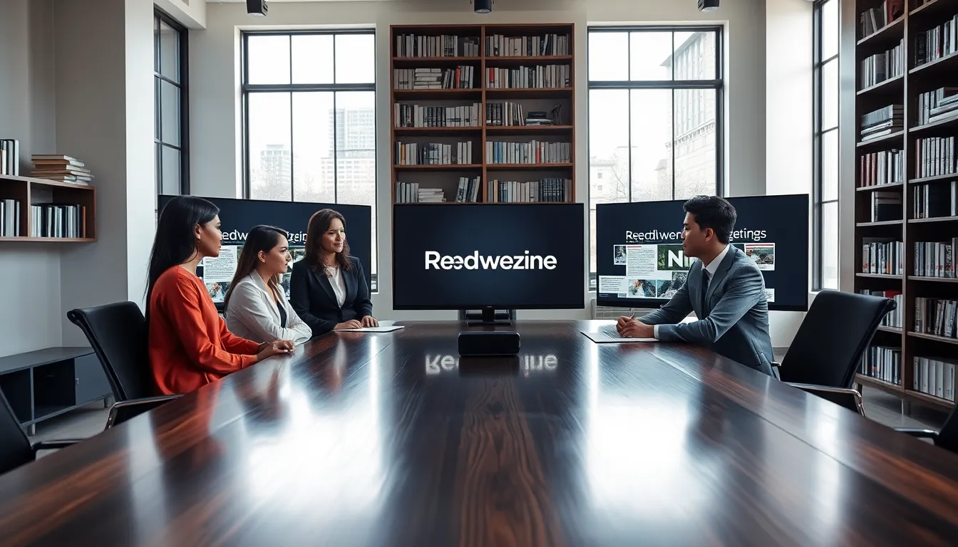 diverse team collaborating in a modern editorial workspace.