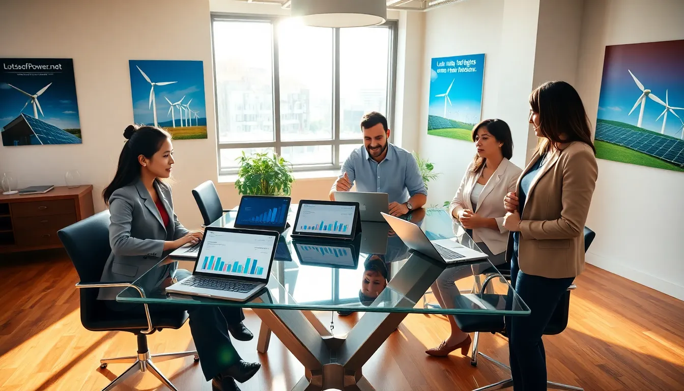 a diverse group of professionals discussing energy solutions in a modern office.