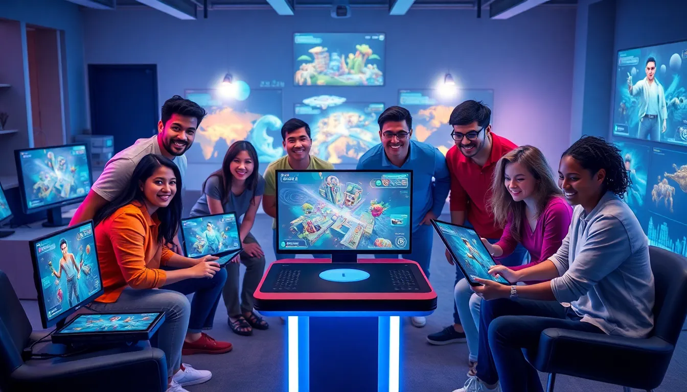 diverse group collaborating in a modern gaming setup.